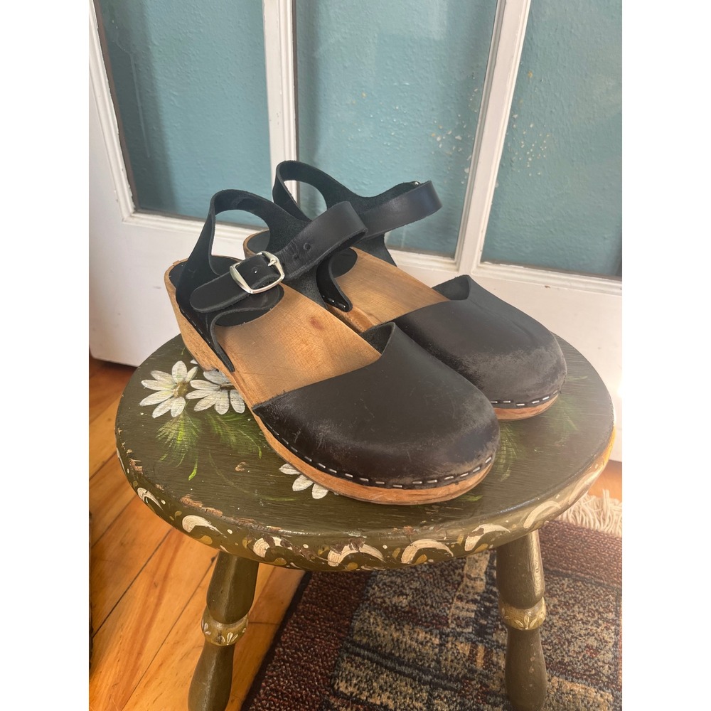 MIA Sofia Swedish Wooden Clogs Sandals Black Leather Silver Buckle EU 39/US 8.5